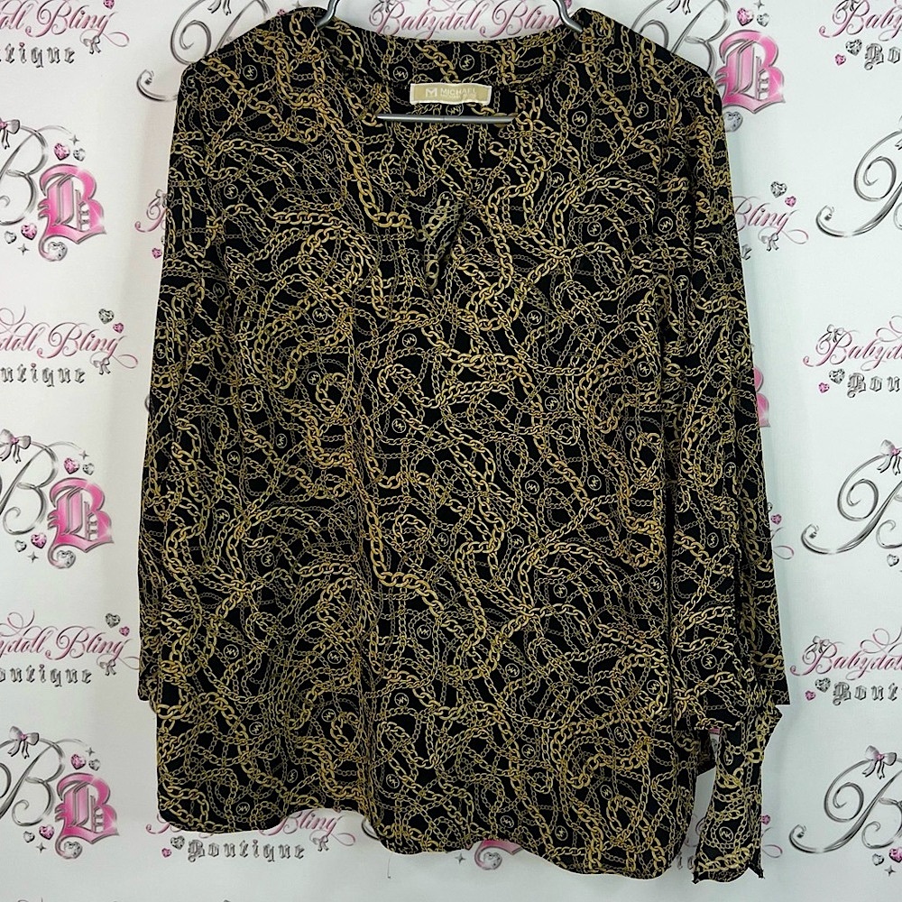 Michael Kors blouse chains ⛓️💥 link chain link Black Gold Chain Print Blouse